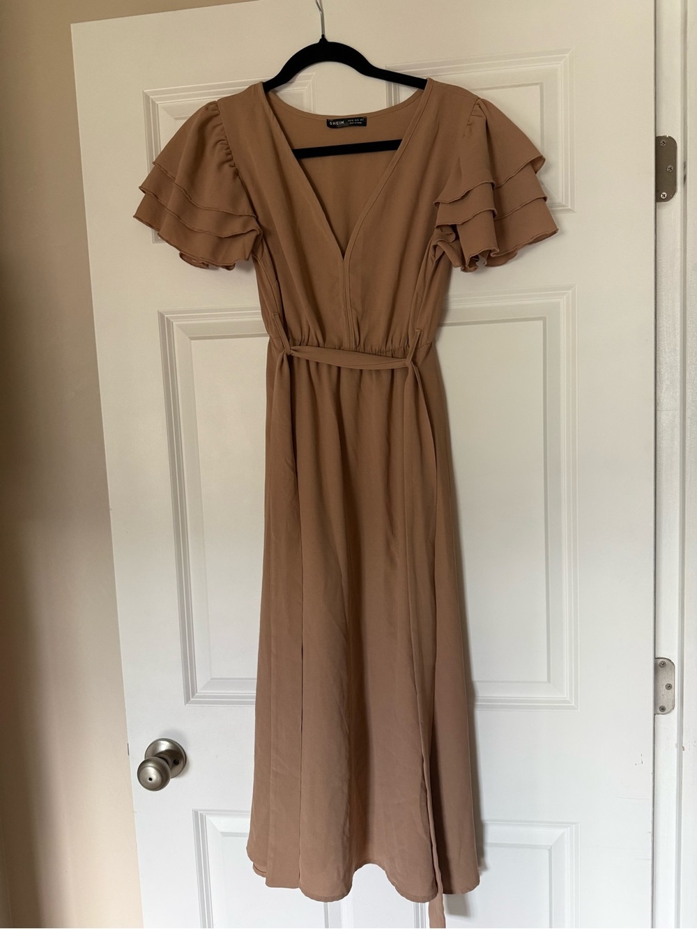 SHEIN Camel Ruffle Sleeve V-Neck Maxi Dress